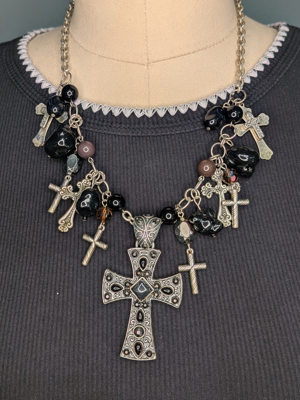 You & I Silver Tone Multi Cross Charm Black Crystal Statement Necklace